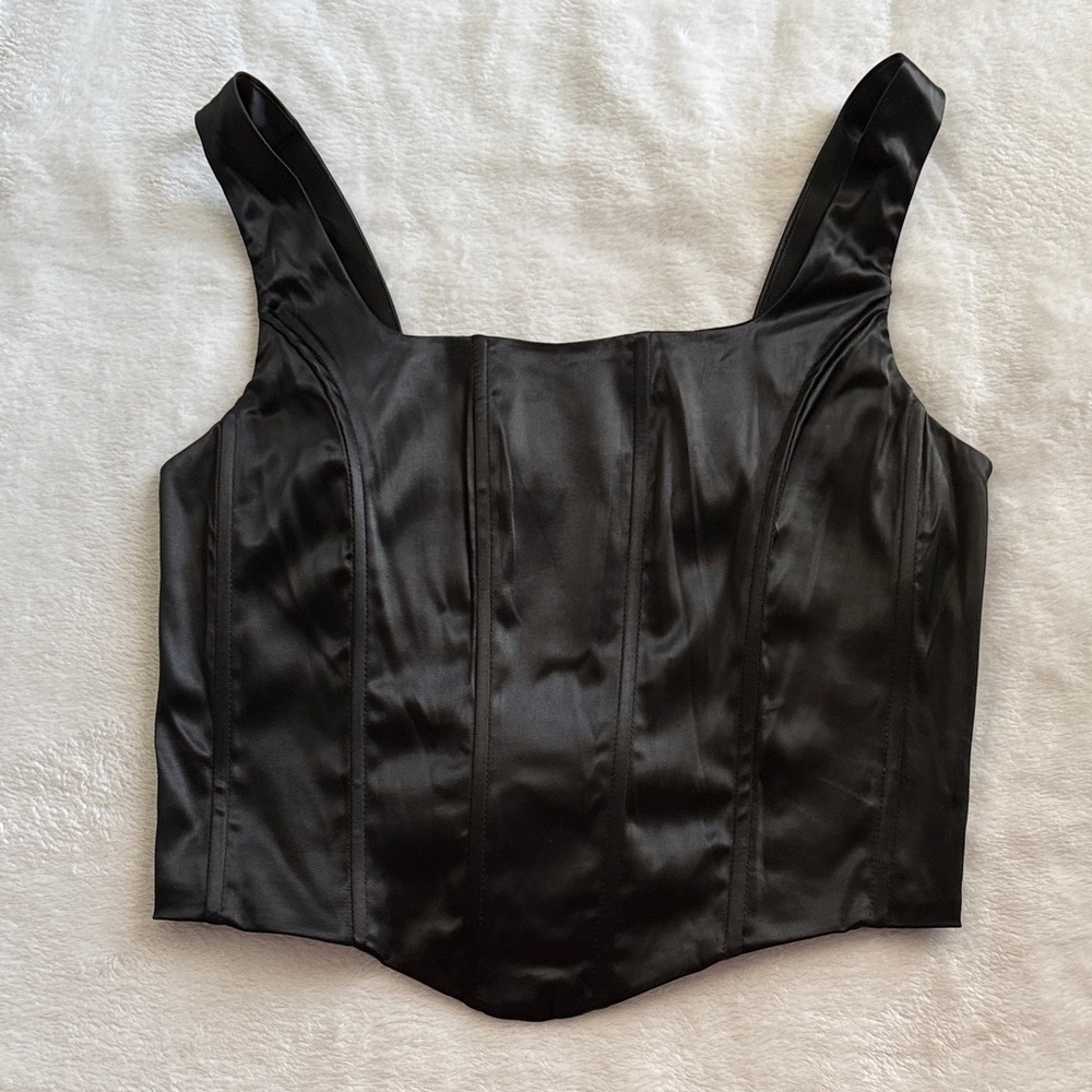 Chic Black Faux Satin Women's Crop Corset Top